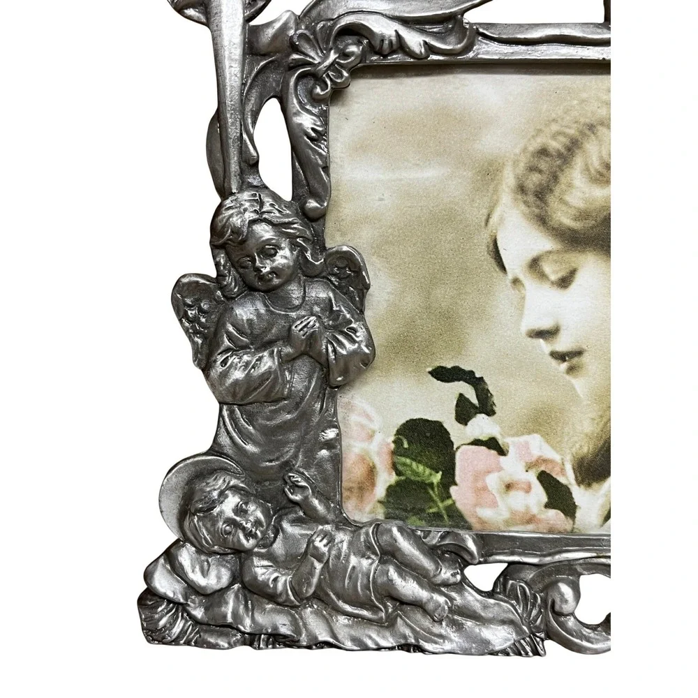 Vintage Ornate Angel Cherub Photo Frame Pewter Silver Victorian Style Tabletop